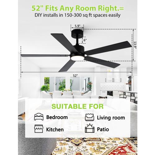 Ceiling Fans with Lights, 52 Inch Modern Ceiling Fan with Remote Outdoor Ceiling Fan for Bedroom, Living Room,High CFM Ceiling Fans with 3CCT LED Lights Kit, Quiet DC Motor, Timer