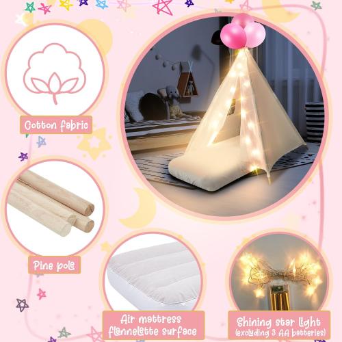 6 Pack Sleepovers Teepee Tent for Kids Bulk with Mattress Sheet Light,Natural Cotton Washable Indoor Play Tent for Birthday Slumber Party Girls Boys Pajama Movie Night Supplies(White)