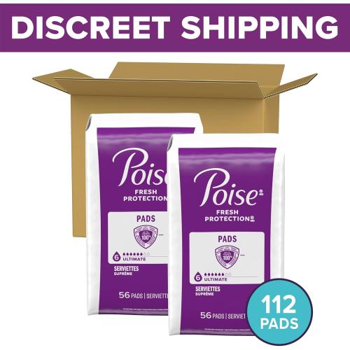 Poise Incontinence & Postpartum Pads for Bladder Leaks, 6 Drop Ultimate Absorbency, Regular Length, 112 Count, Packaging May Vary