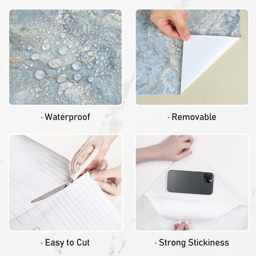 Wallercity Cream Blue Marble Contact Paper for Countertops 24x315 Waterproof Kitchen Wallpaper Peel and Stick Countertops Removable Glossy Granite Marble Wallpaper for Bathroom Table Top Desk Wrap