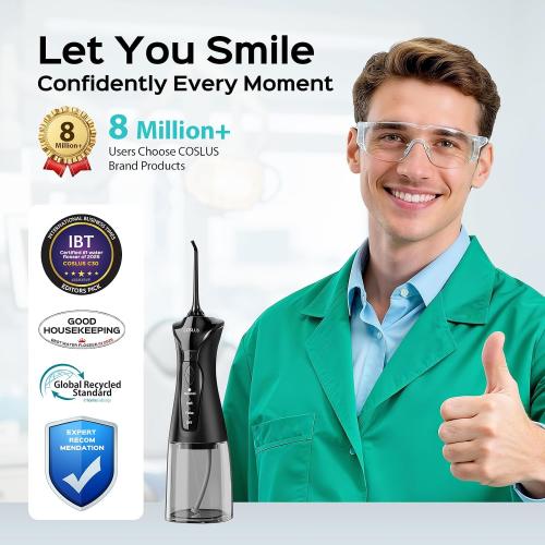 COSLUS C30 Water Dental Flosser Pick for Teeth: 4 Modes Cordless Portable 300ML Larger Tank Water Teeth Cleaner IPX7 Waterproof Flossing Cleaning Picks for Home Travel Black