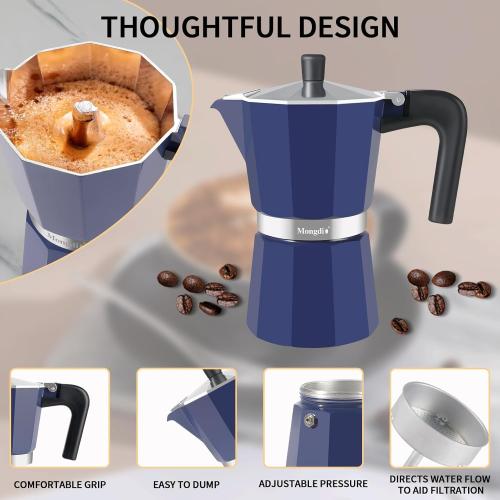 Mongdio Stovetop Espresso Maker Moka Pot, Stove Top Cuban Coffee Maker, Italian Greca Mocha Pot, 9 Espresso Cups, 15 oz - Blue