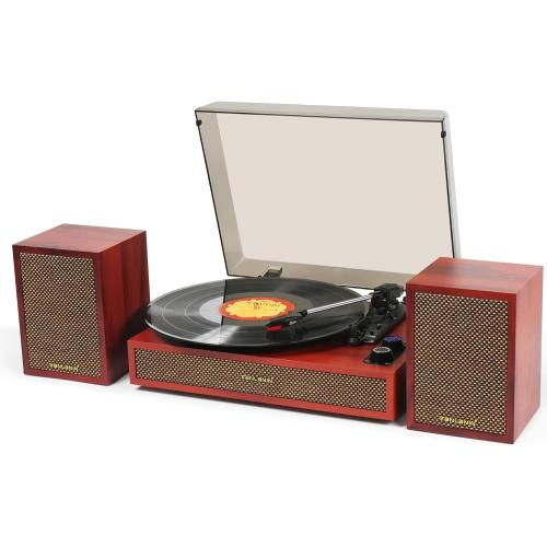 Vinyl Record Player with Dual External Speakers, 3 Speed Vintage Stereo Turntable for Vinyl Records, Bluetooth Input, Auto Stop & Belt Driven System, RCA Out and Aux in