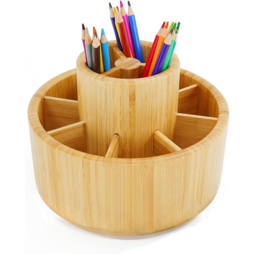 Utoplike Bamboo Rotating Art Supply Desk Organizer, Pencil Holder Organizer, Desktop Storage Caddy for Pen, Colored Pencil, Crayon, Paint Brushes, Art Studio&Office