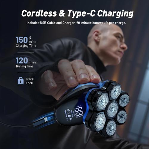 Electric Head Shaver for Bald Men PRO,2025 Upgraded 7D Magnetic Detachable Head Shaver,IPX7 Waterproof Wet/Dry,Type-C Fast Charging with LED Display,Grooming Kit,Travel Lock,Green