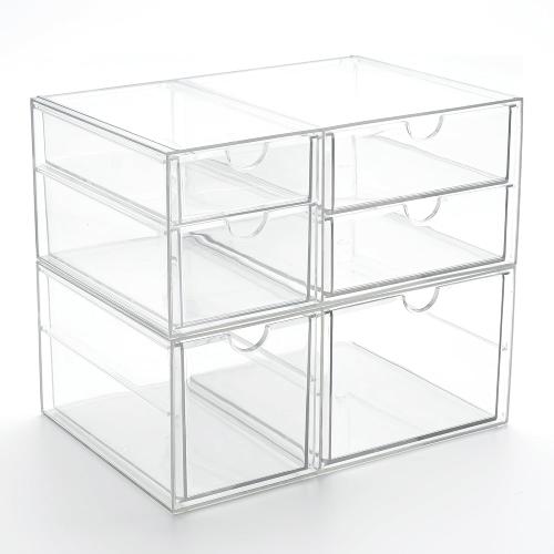 Prsildan Acrylic Drawer Makeup Organizer with 6 Drawers, Set of 2 Office Desk Organizers Accessories, Clear Stackable Storage Drawers for Vanity, Craft, Not for Baby Bottle (Largest Drawer 4 Tall)