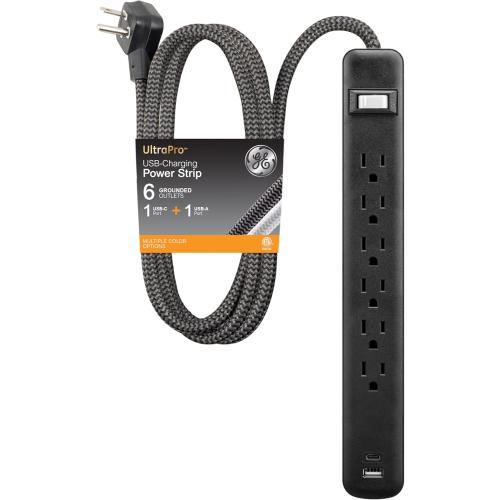GE 6-Outlet Power Strip with USB, 1 USB-A, 1 USB-C, Outlet Extender, 6 Ft Braided Extension Cord, Flat Plug, Charging Station, Black, 82595