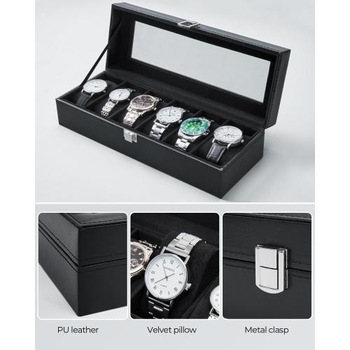 Ohuhu Watch Cases for Men Watch Box 6-Slot PU Leather Real Glass Lid Jewelry Organizer Storage Soft Velvet Watch Holder Display Case for Women Birthday Fathers Day Valentine's Day Gifts