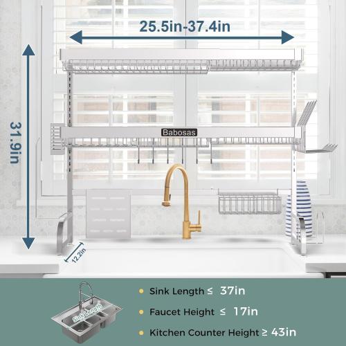 Over The Sink Dish Drying Rack,3 Tier Adjustable Length (25.5'' to 37.4'') Full Stainless Steel Large Storage Kitchen Dish Rack,For Kitchen Counter Expandable Multifunctional Organizers,Silver