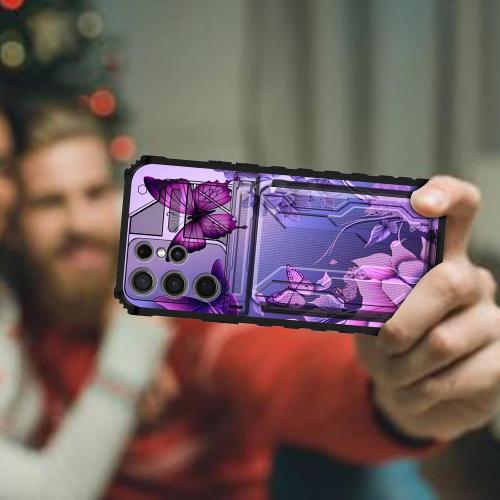 for Samsung Galaxy S24 Ultra Case Wallet Case with Credit Card Holder & Kickstand Dual Layer Hard PC Soft TPU Protective Cover for Galaxy S24 Ultra 6.8 inch - Pink Flowers Purple Butterflies