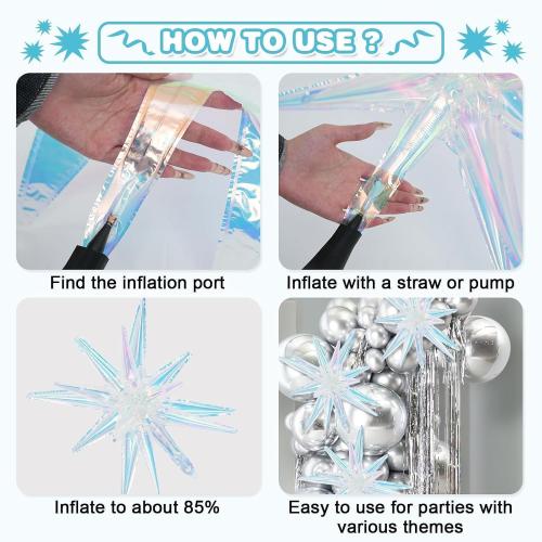 Iridescent Star Balloons,9Pcs 22Inch Iridescent Clear Explosion Spike Cone Helium Polyester Film Star Foil Balloons for Birthday Anniversary Baby Shower Wedding Disco Party Decorations