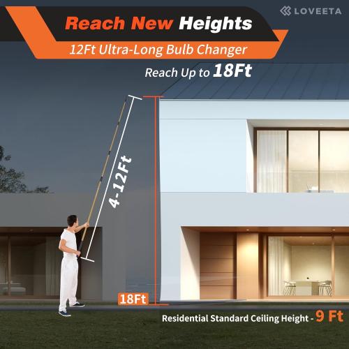 LOVEETA® Gen2 12Ft [18Ft Reach] Lightweight Extendable Light Bulb Changer Pole for High Ceilings – Telescopic Light Bulb Pole Changer with Bulb Gripper - Champagne Gold