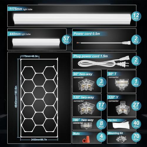 Hexagon LED Lights, Hexagon Ceiling Light with Rectangle Frame, 14 Grid Honeycomb LED Shop Light for Car Detailing Shop,Garage, Basement, Gym, Warehouse, Bright 6500K, 73920LM, AC85-250V