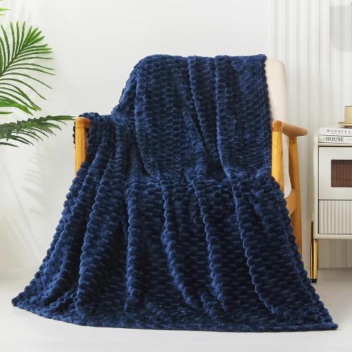 Exclusivo Mezcla Extra Large Fleece Throw Blanket for Couch, 50x70 Inches Stylish Jacquard Soft Throw Blanket, Fuzzy Cozy Lightweight for All Season, Navy Blue