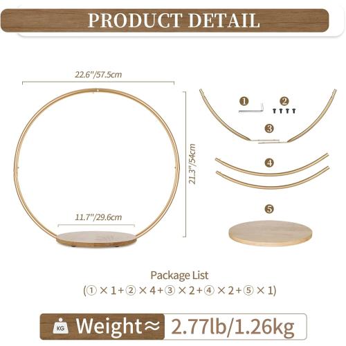 Hanobe Gold Cake Stand for Wedding: 11.7 Inch Round Arch Cupcake Display Stands with Wood Base Decorative Metal Hoop Centerpiece Decor for Party Birthday Baby Shower