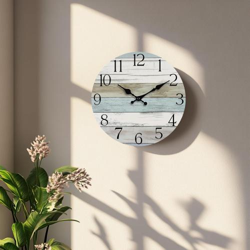 HYLANDA Wall Clock, 14 Inch Wall Clocks Battery Operated Silent Non Ticking, Large Wooden Clocks Decorative for Kitchen, Bathroom, Bedroom, Living Room Blue White