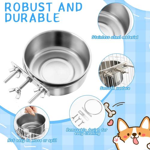 Zubebe Stainless Steel Hanging Dog Crate Bowls, Non-Spill Kennel Food Water Bowls with Screw Clamp Attach Holders, Removable Mountable Metal Cage Feeder for Pet(19 oz)
