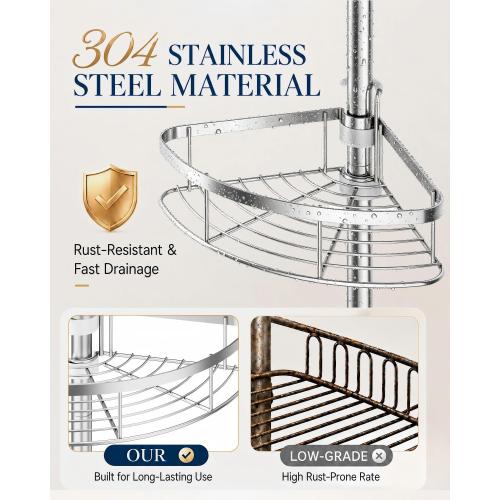 Rustproof Shower Corner Caddy Organizer for Bathroom, 4 Adjustable Shelves with Tension Pole, for Bathtub Shampoo Accessories Storage Holder, 34 to 116 Inch Height, Silver