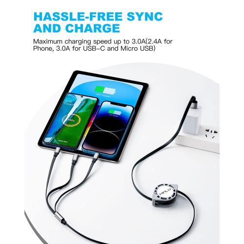2 pack Multi Charging Cable 3A, [2Pack 4ft] Retractable Multi Charging Cord 3 in 1 Fast Charger Cord, USB C Charger Adapter with Lightning/Type C/Micro USB Ports for Cell Phones/iPhone/Samsung/PS/Tablets