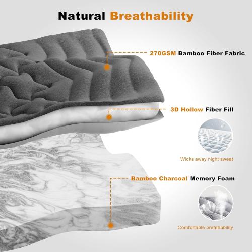Dual Layer 4 Inch Bamboo Memory Foam Mattress Topper Twin Size, 2 Inch Thick Soft Quilted Pillow Top Cover Plus 2 Inch Charcoal Gel Memory Foam Mattress Pad for Back Pain Relief