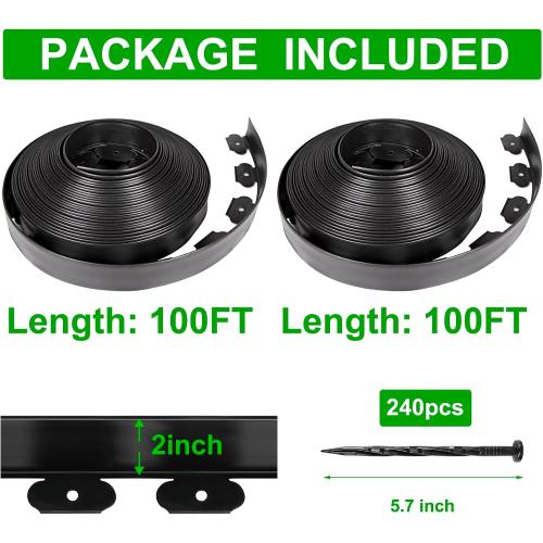 JERIA 2 Inch Tall 200 FT Garden Edging Kit with 240pcs Spikes, Plastic Edging for Landscaping