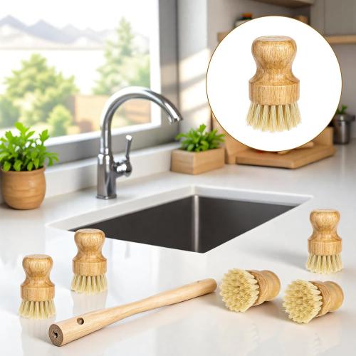 Bamboo Dish Scrub Brushes Kitchen Dishwashing Cleaning Brush Wooden Scrubbers Set Sisal Bristles Cleaner Scrubber for Washing Cast Iron Pan Pot Sink Spatula