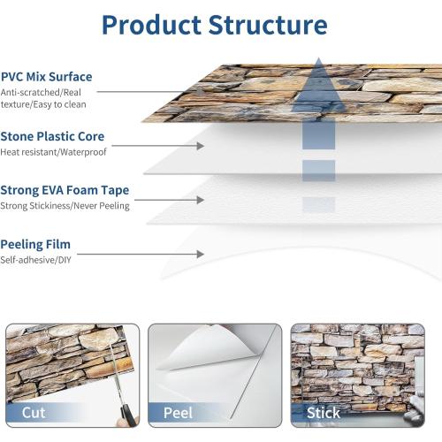 100-Pieces Thick PVC Subway Tile,4x 8 Peel and Stick Backsplash Wall Tiles,Retro Faux Stone Self-Adhesive Backsplash for Kitchen,Bathroom,Living Rooms,Fireplace,RV(11.11 Sq. Ft. Coverage)