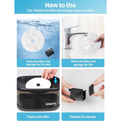 SIBAYS 6 Pack 7 Large Cat Water Fountain Filters Replacement for 2.5Gal/9.5L Dog Water Fountain(FS68/FS82) with 4 Layers Filtration System, Made of Coconut Shell Activated Carbon and PP Cotton L03