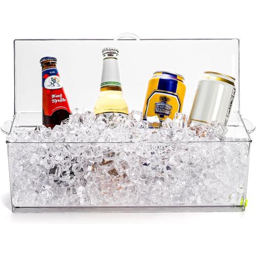 Jucoan Large Ice Chilled Condiment Server with Lid, 4 Compartments Chilled Condiment Caddy, Bar Garnish Serving Platter Holder Tray for Mimosa Taco Salad Bar, 2 Tongs, 6 Forks