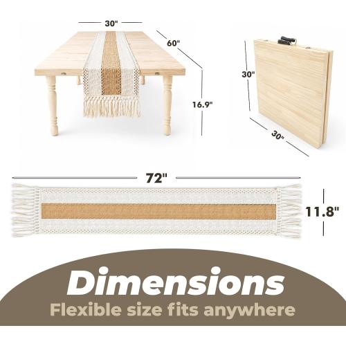 Boho Folding Picnic Table, 60 x 30 Low Wooden Table | Includes Table Runner & Non-Slip Pads, Portable Indoor/Outdoor Table for Camping, Beach, Garden, Wedding & Parties, Seats 6-8