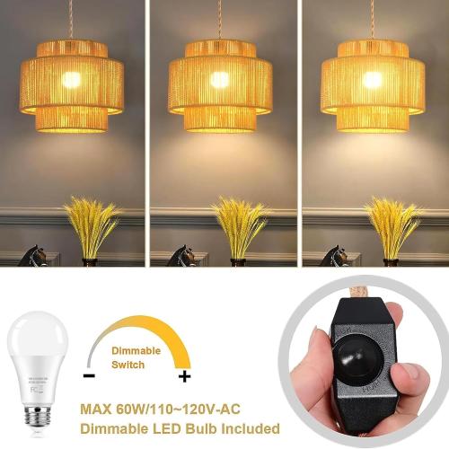 QIYIZM Plug in Pendant Light Hanging Lights with Plug in Cord Hanging Lamp Boho Rattan Dimmable Wicker Bamboo Woven Shade Hemp Rope Ceiling Light Fixture for Living Room Bedroom Kitchen