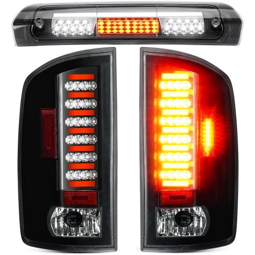 LED Tail Light   3rd Third Brake Light Fit for Dodge Ram 1500 2002-2006, for Dodge Ram 2500 3500 2003-2006, Taillight Assembly and High Mount Stop Light, 3 Pcs, Chrome Housing Clear Lens