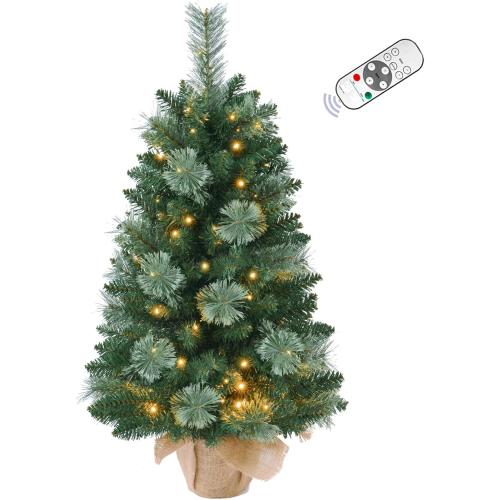 3FT Pre-lit Artificial Small Mini Christmas Tree with Warm White Multi-Color LED Lights, Remote Control and Timer, Perfect for Xmas Tabletop Decorations, Home, Kitchen, Dining Table top Green