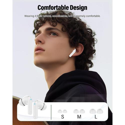 Wireless Earbuds, Bluetooth 5.4 Headphones Bass Stereo, Ear Buds with Noise Cancelling Mic, LED Display in Ear Earphones Clear Calls, IP7 Waterproof Bluetooth Earbuds for Laptop/Phones/Sports, White