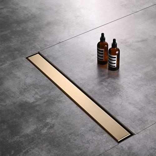 Linear Shower Floor Drain, Brushed Gold 48 Inch 304 Stainless Steel Bathroom Drains Kit, Rectangular Shower Trench Drain with Reversable Tile-in Pattern Drain Cover & Hair Catcher