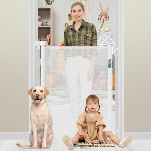 42 Inch Extra Tall Baby Gate 0-39 Wide Narrow Pet Gate Tall Retractable Baby Gates for Dogs Mesh Dog Gates Indoor Pet Gate for Stairs Doorways Hallways, White