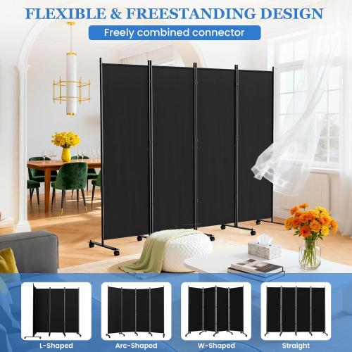 Room Divider 6FT Folding Privacy Screens with Lockable Wheels, 4 Panel Room Partition for Room Separator, 88 W Freestanding Portable Fabric Wall Dividers for Home Dorm Studio Office, Black