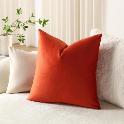 DEZENE Euro Sham Covers 24x24 Burnt Orange: Pack of 2 Cozy Soft Velvet Square Modern Luxury Decorative Throw Pillow Cases for Sofa Couch Living Room Bed Home Decor