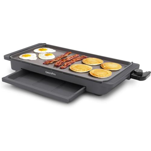 GreenPan Advanced 10.5”x 20” Electric Griddle with Warming Drawer, Healthy Ceramic Nonstick PFAS-Free Coating, Temperature Control, Easy and Versatile Countertop Meals, Dishwasher Safe, Graphite