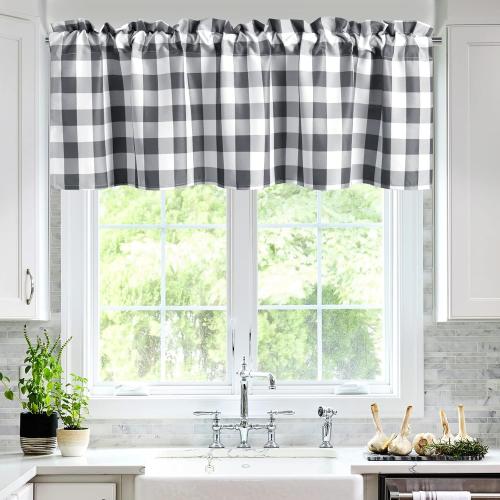 Hiasan Buffalo Plaid Curtains Valances for Windows - Semi Sheer Checkered Rod Pocket Valance for Living Room, Farmhouse, Bedroom, 60 x 18 Inches Length, Grey and White, 1 Panel