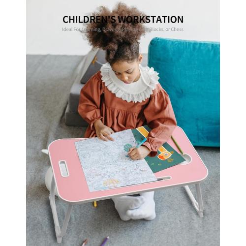 Laptop Bed Desk, Foldable Lap Table, Portable Study Table, Laptop Stand with Cup Holder & Tablet Slot & Lifting Handle for Working Writing Drawing & Eating - Pink