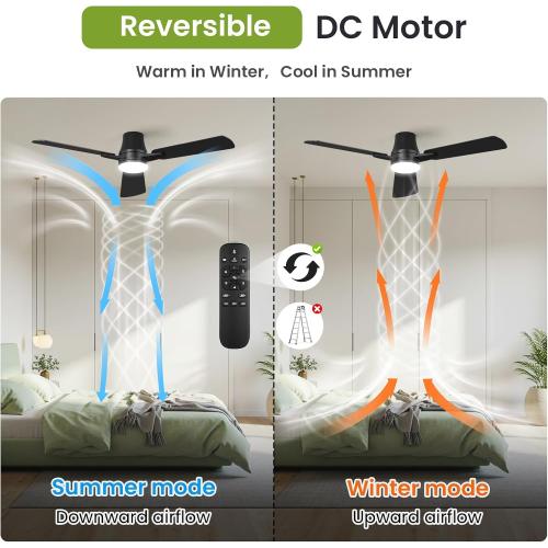 Ceiling Fans with Lights and Remote: 52 Inch Modern Black Ceiling Fan, Low Profile Flush Mount, Quiet Reversible DC Motor & 3CCT Dimmable LED for Bedroom Living Room Kitchen Indoor Outdoor