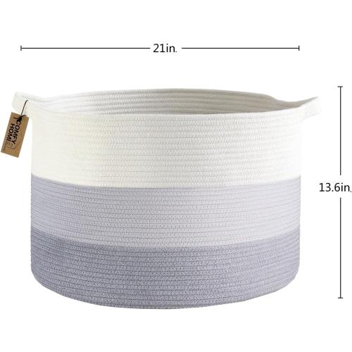 White and Grey COMFY-HOMI Laundry Basket, Cotton Rope Nursery Woven Basket for Storage, Blanket Baskets Living Room Laundry Hamper, Dog Toy Storage Organizer, Home Decor-White and Grey
