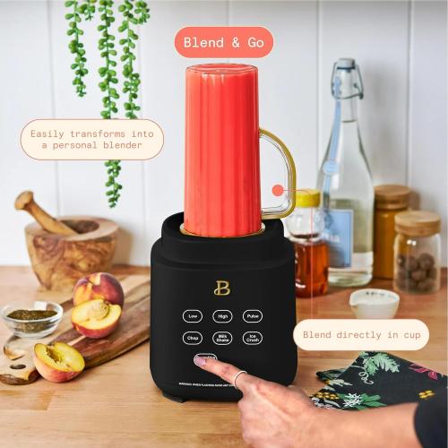 B PowerExact High-Performance 700-Watt Blender by Drew Barrymore, 50-Ounce Pitcher, Stainless 4-Tip Blade, 3 Speeds   4 Presets, Dishwasher-Safe Parts, Travel Cup Included (Black Sesame)