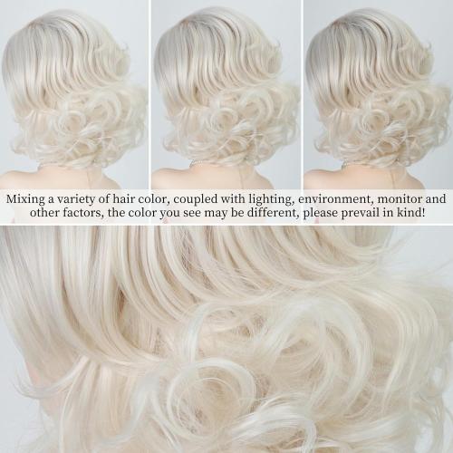 RENERSHOW Short Platinum Blonde Wave Curly Wigs for White Women 12inch Ombre Wavy Bob Wig Side Part Synthetic Average Size Wig Natural Looking Daily Party Wig