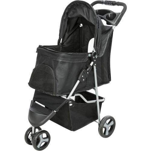 TRIXIE Foldable Pet Stroller for Cats and Dogs, Pet Carrier Strolling Cart with Weather Cover, Storage Basket, Cup Holder, Black