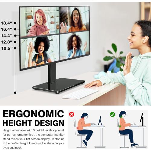 Single Monitor Stand VESA Mount for 13-32 Inch Screens, Free-Standing Monitor Riser with Swivel Tilt Rotation Height Adjustable, Universal Desk Stand up to 44lbs, VESA 75x75, 100x100mm