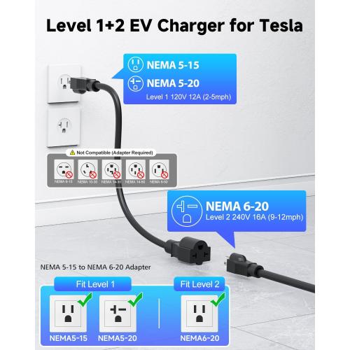 Level 1/2 Tesla Charger, 12A/16A, 25ft Extension Cable, Dual Voltage 240V NEMA 6-20 Plug & 120V NEMA 5-15 Adapter, NACS Connector, Portable Home Electric Car EV Charger for Tesla Models Y/X/3/S