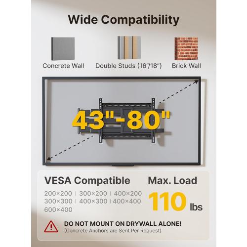 monTEK Long Arm TV Wall Mount for Most 43-80 Inch TVs, 42 Inch Long Extension TV Mount Swivel and Tilt, Full Motion Wall Mount Tv Bracket Fit Max VESA 600 x 400mm, Up to 110 lbs, 16”,18” Studs