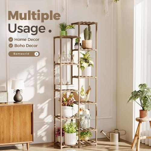 Bamworld Plant Stand Indoor Outdoor 11 Tier Tall Large Wood Plant Shelf Multi Tier Flower Stands Garden Shelves Wooden Plant Display Holder Rack for Living Room Corner